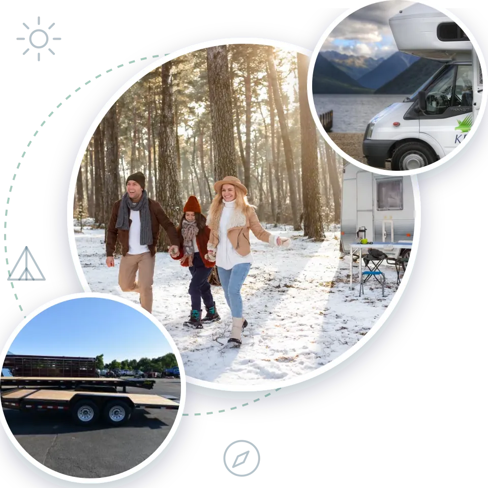 Family enjoying the outdoors by their RV, with a motorhome and trailer from Triple H RVs
